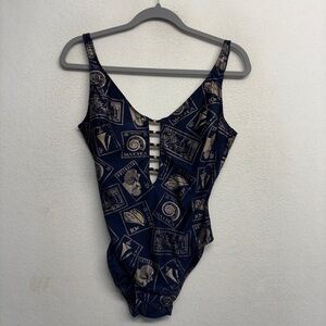 VTG 90s La Blanca Navy Blue One Piece Swimsuit‎ 12 travel Stamp Metallic Print